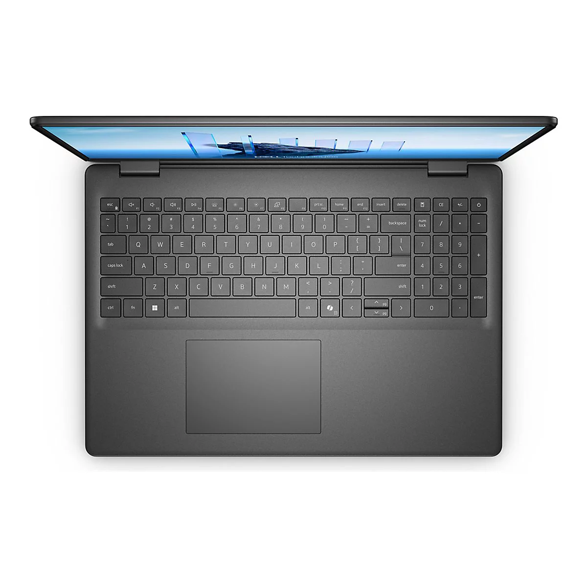 Draufsicht auf einen schwarzen Laptop, der geöffnet auf weißem Hintergrund liegt. Die Tastatur ist deutlich zu sehen, auf dem Display eine Abbildung.