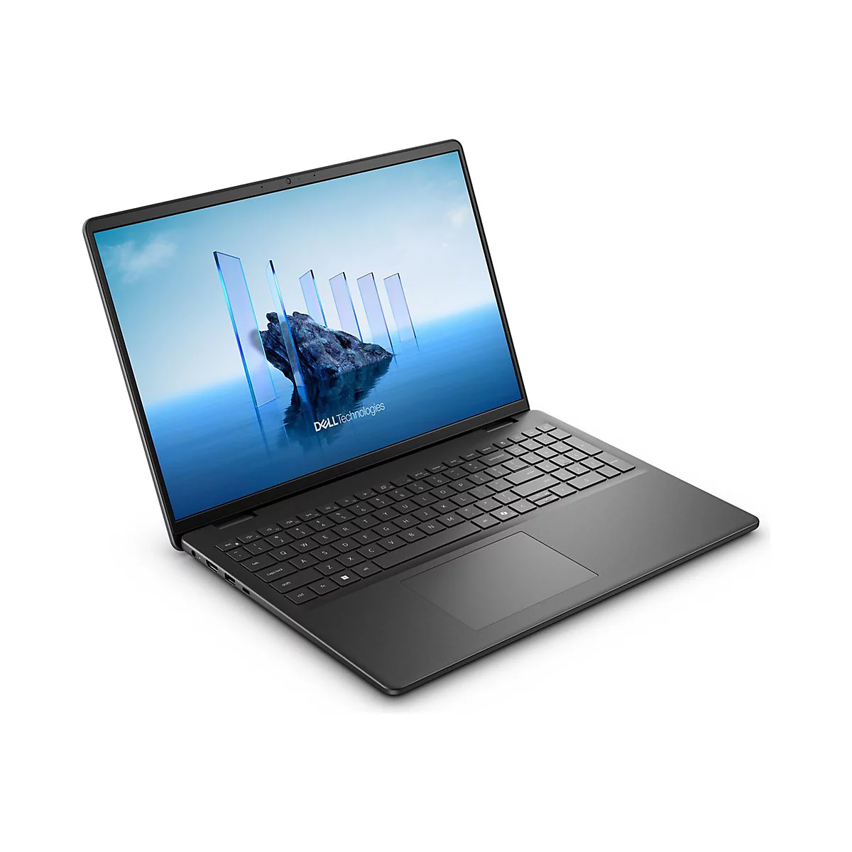 Ein schwarzer Laptop auf weißem Hintergrund. Auf dem Display ist eine blaue Landschaft zu sehen, mit dem Dell Technologies Logo.