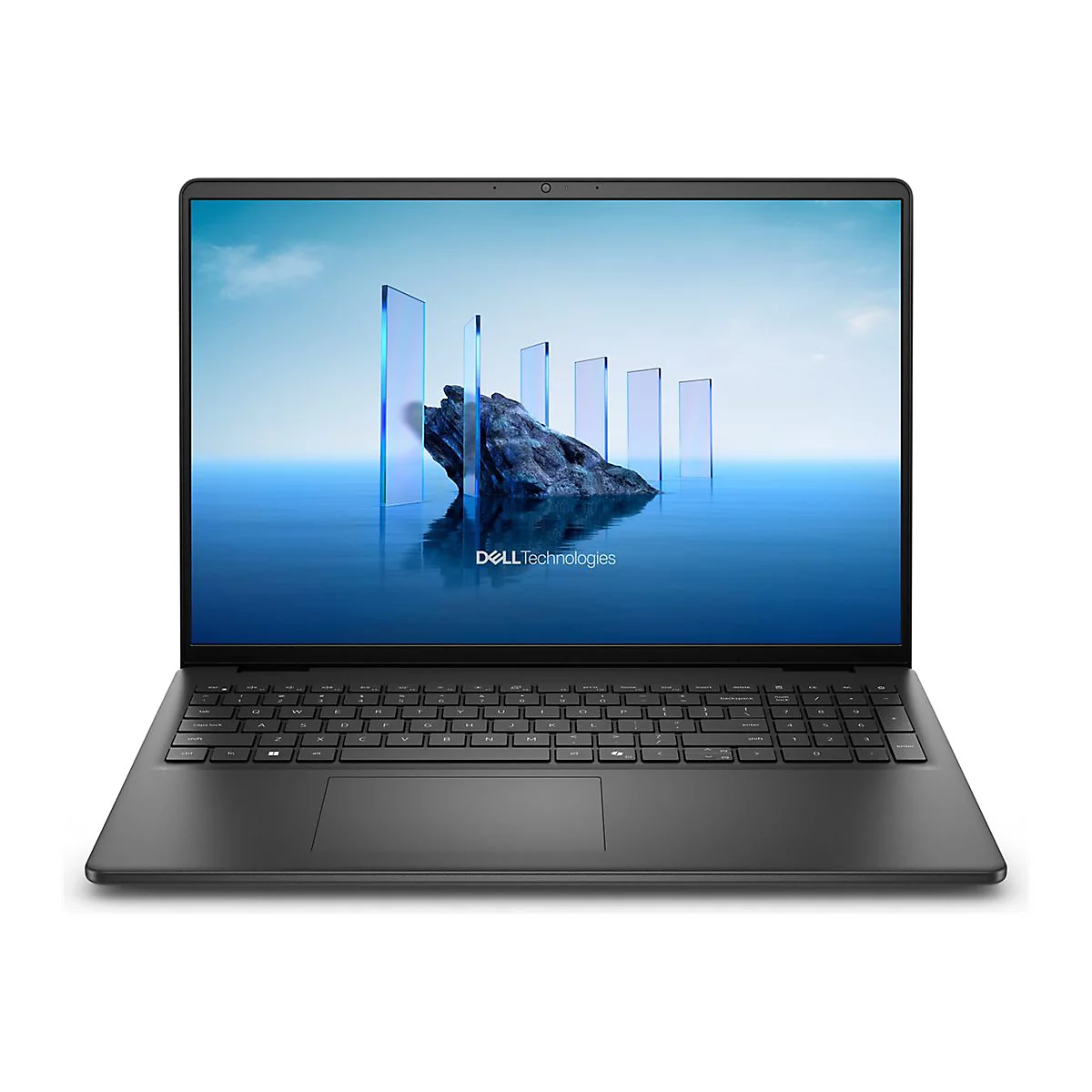 Schwarzes Dell-Laptop mit blauem Bildschirm-Hintergrund, der eine Berglandschaft mit Säulen zeigt. Tastatur und Logo sind gut sichtbar.