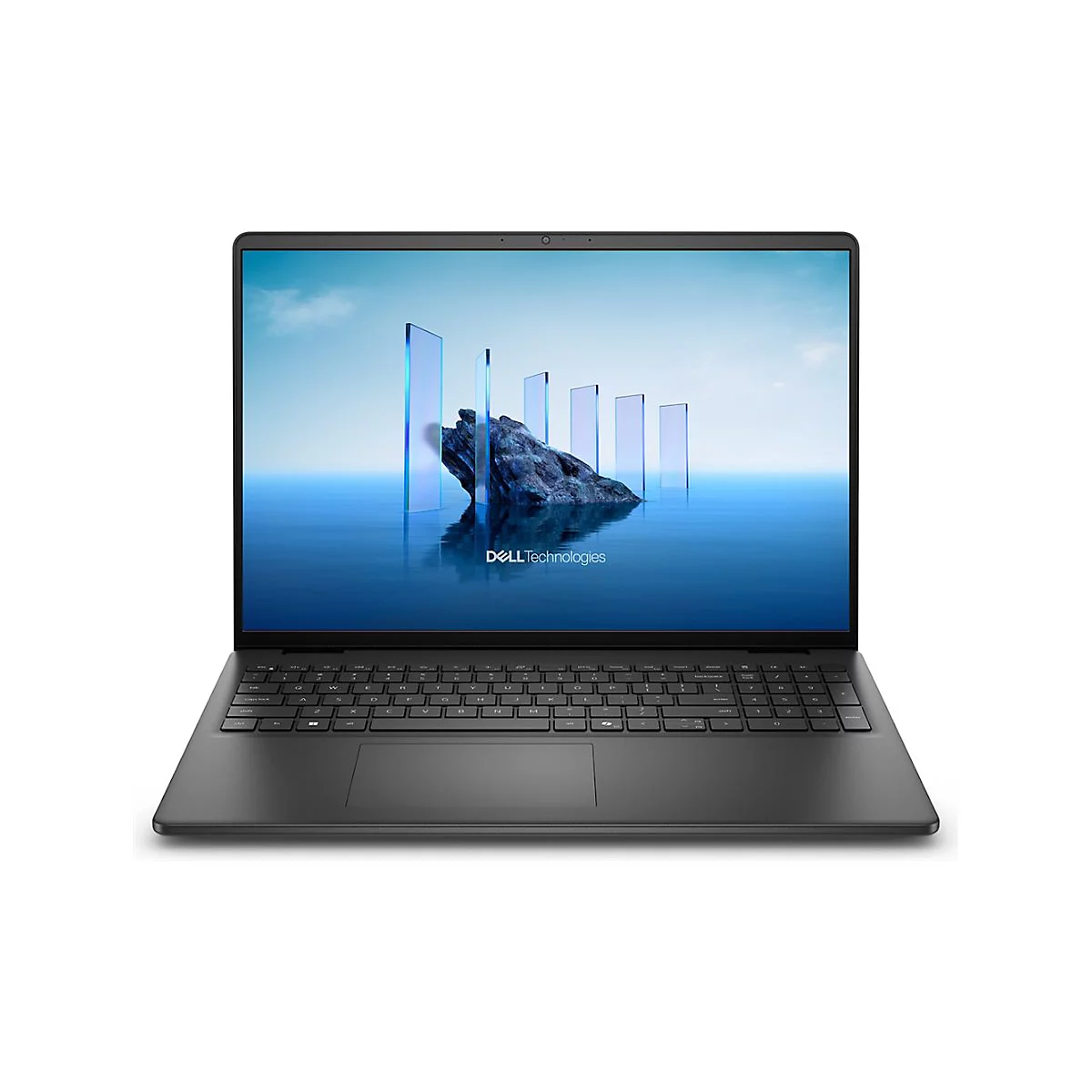 Schwarzer Laptop auf weißem Hintergrund, Bildschirm mit abstraktem Muster.