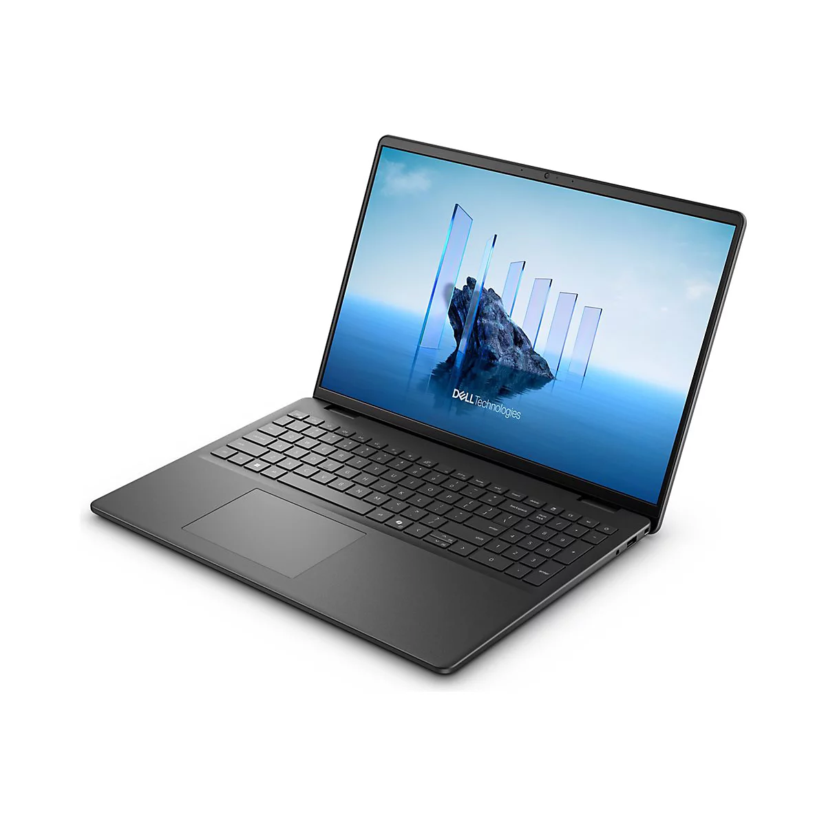 Dunkelgraues Laptop, geöffnet, auf weißem Hintergrund. Auf dem Bildschirm: blaue Grafik. Tastatur und Touchpad sichtbar.