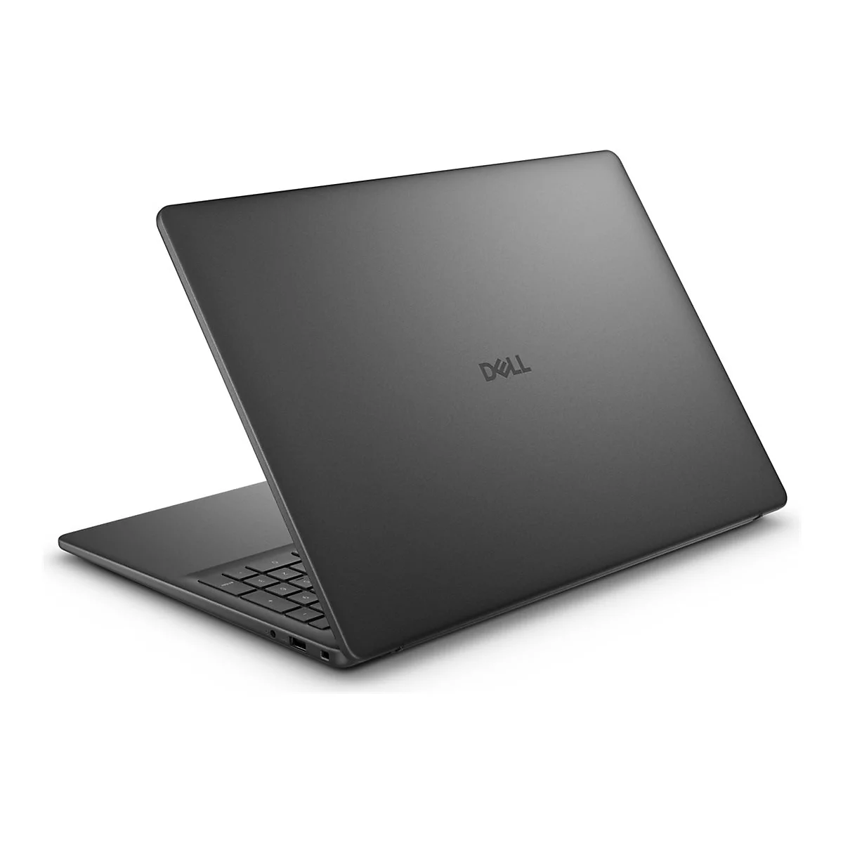 Dunkelgraues Dell-Notebook, leicht angewinkelt, zeigt Tastatur und Deckel mit Dell-Logo.