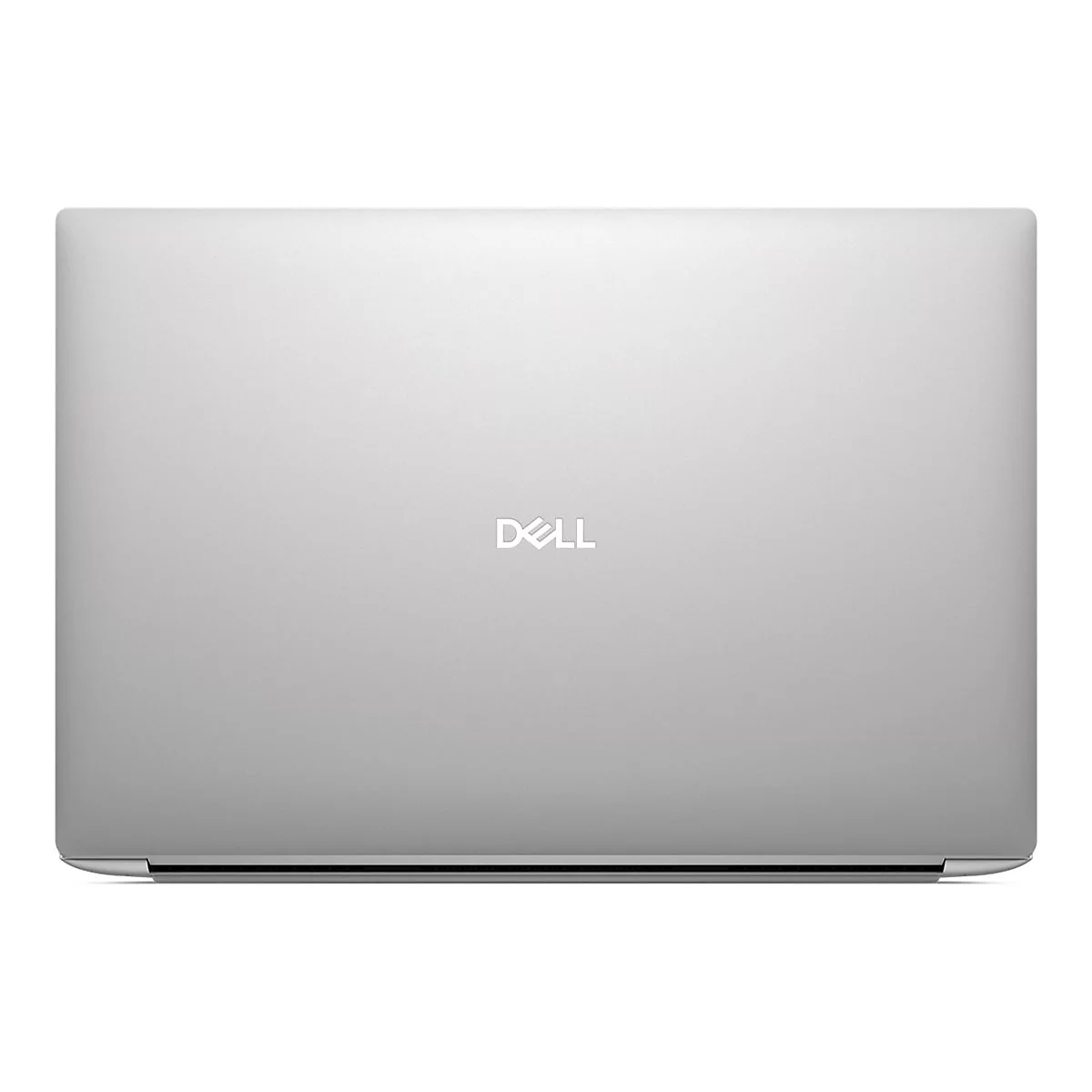 Silberner Laptop-Deckel mit Dell-Logo in der Mitte.