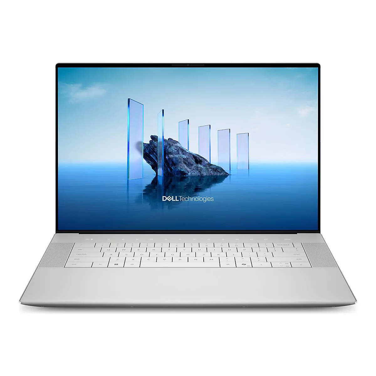 Silberner Laptop, geöffnet, mit einem Bildschirm, der eine blaue Landschaft zeigt. Das Dell-Logo ist sichtbar.