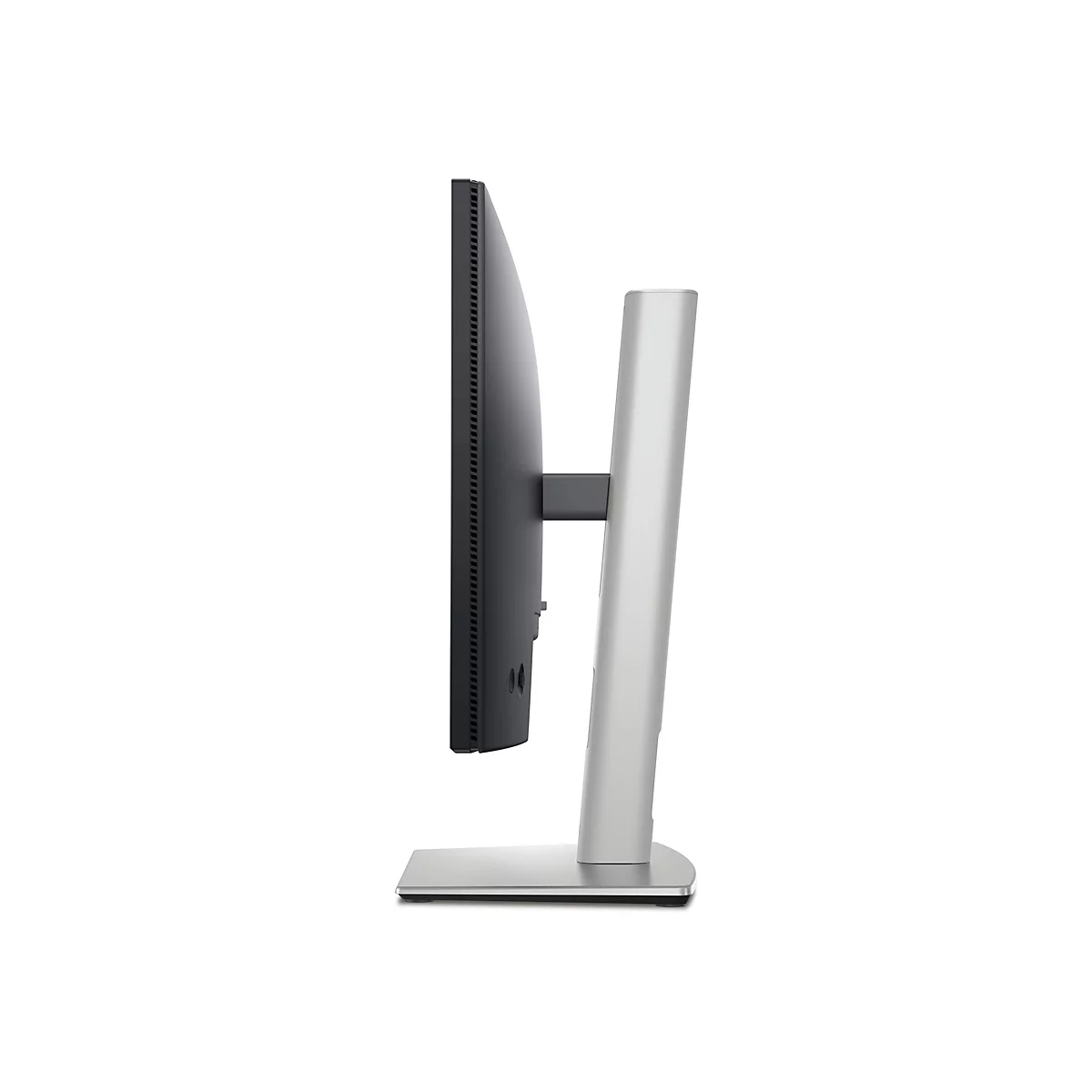 Vue latérale d'un moniteur gris élégant avec un cadre fin et un pied argenté.
