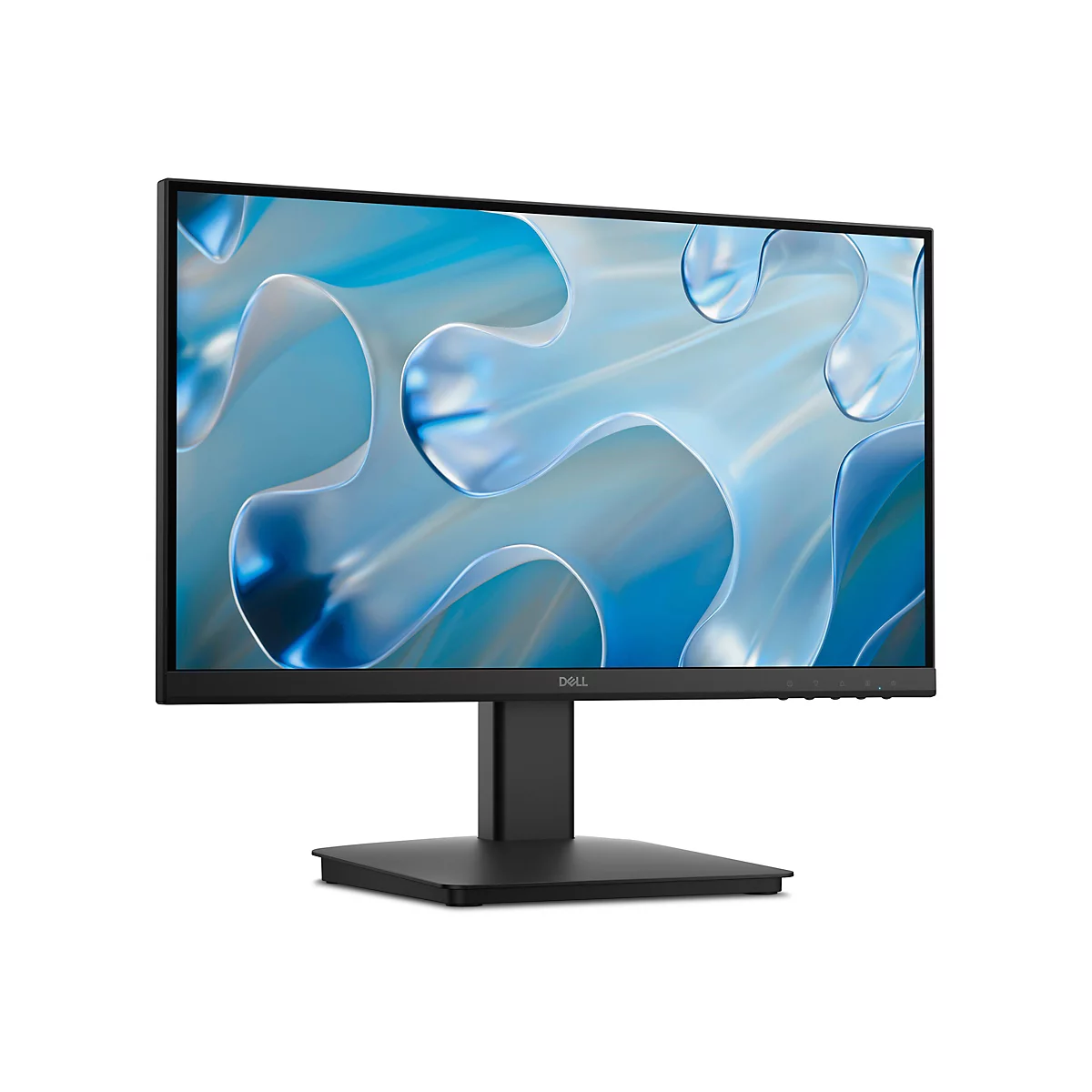 Un moniteur Dell noir avec une image de fond bleue. "Dell" est écrit sur le cadre du moniteur.