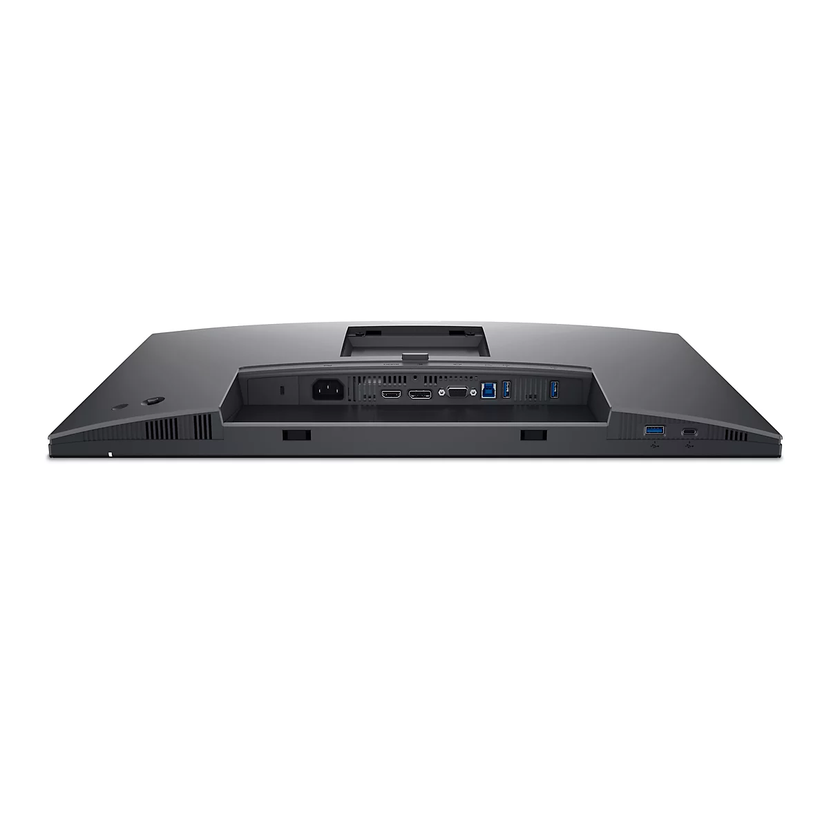Rückseite eines schwarzen Monitors auf weißem Hintergrund. Anschlüsse: Stromanschluss, HDMI, USB.