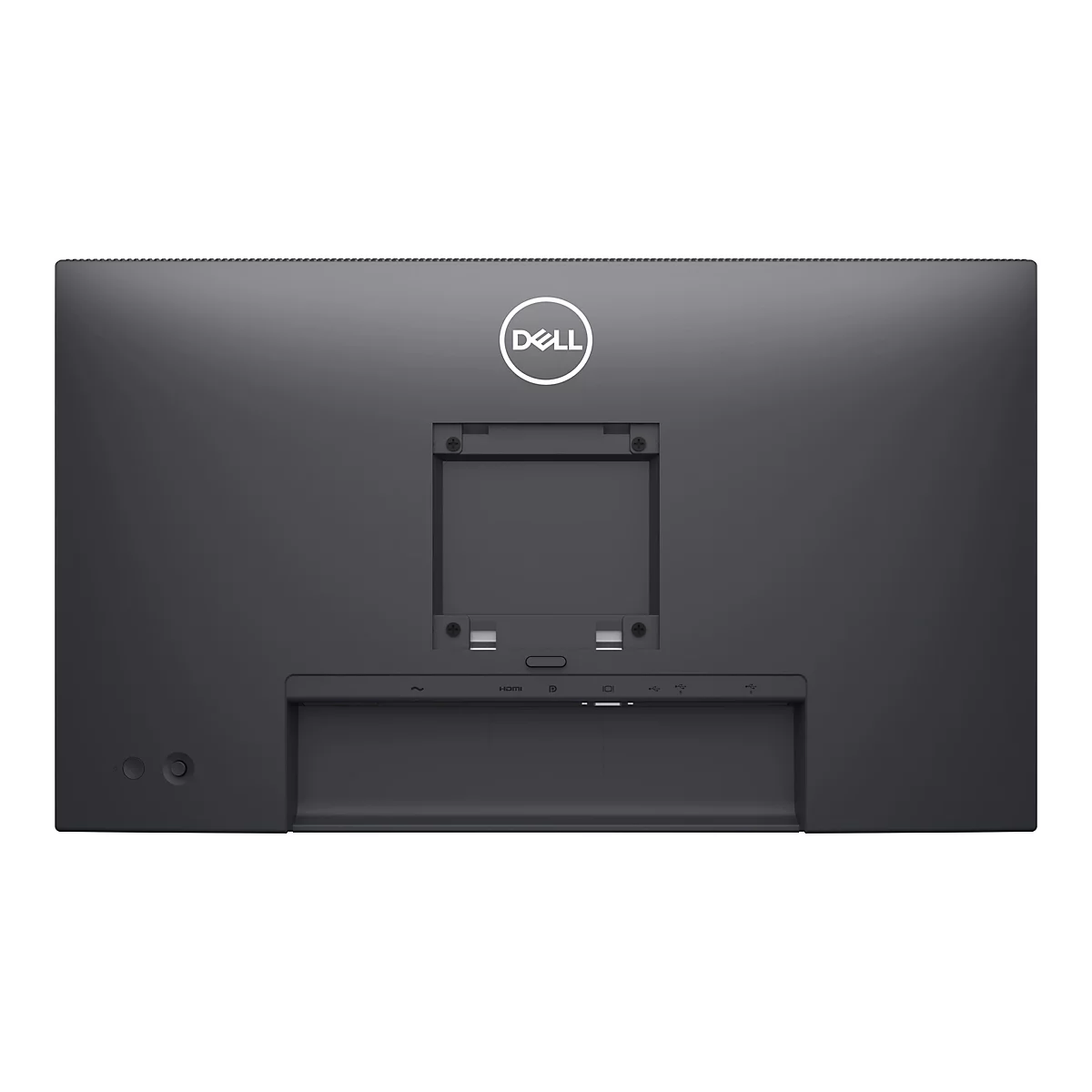 Arrière d'un écran Dell noir. Il y a des ports en bas, et au-dessus se trouve une zone de support carrée avec le logo Dell.