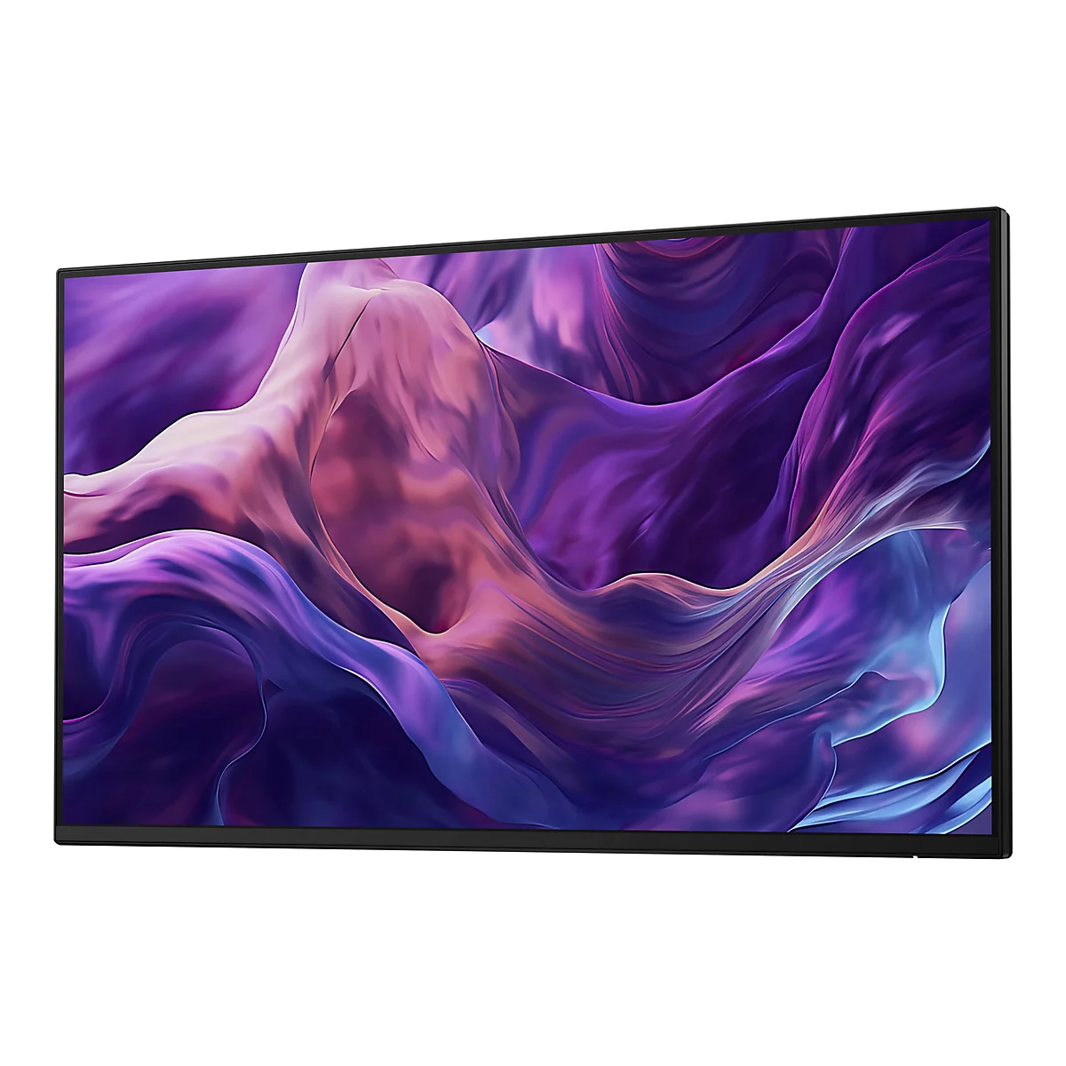 Un grand écran rectangulaire avec un cadre noir. L'écran affiche un motif abstrait et dynamique en violet, rose et bleu.