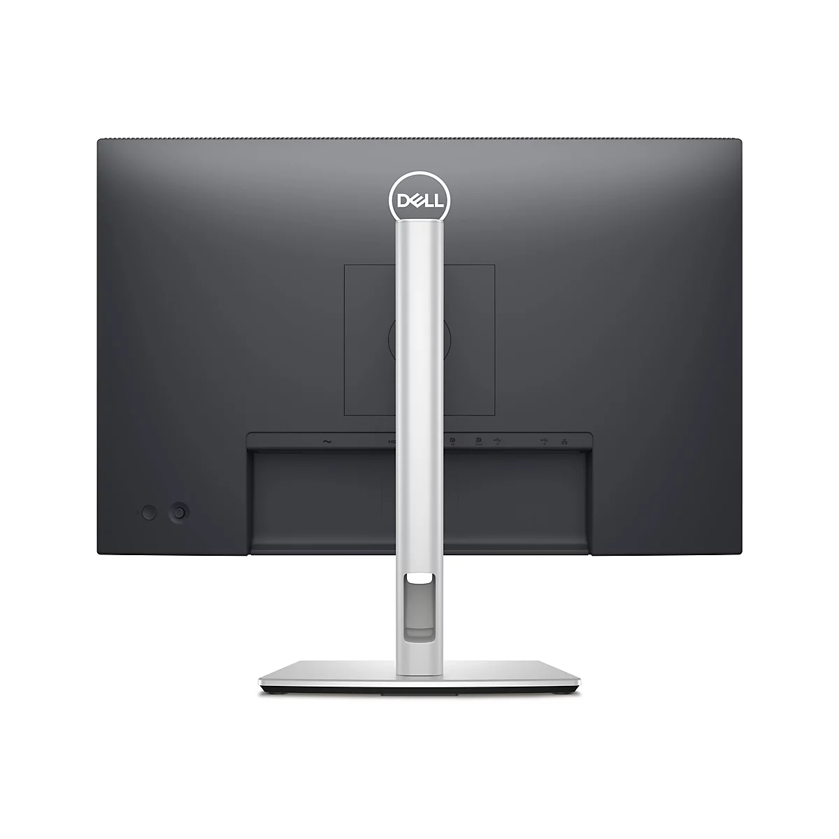 Rückansicht eines schwarzen Dell-Monitors mit silberfarbenem Standfuß und Dell-Logo.
