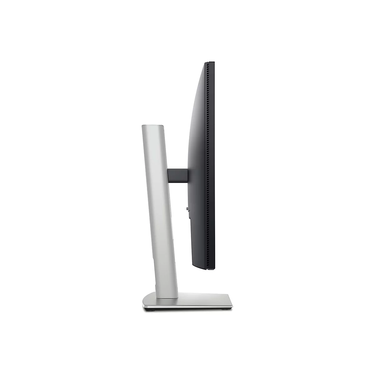 Seitenansicht eines schlanken, silbernen Monitors mit schwarzem Bildschirm und Standfuß. Der Monitor steht vor weißem Hintergrund.