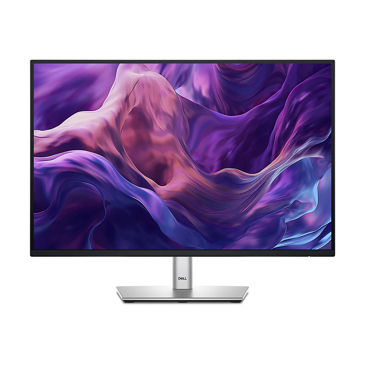 Ein Dell Monitor mit einem lila-blauen Hintergrund. Der Monitor steht auf einem silbernen Ständer. Auf dem Ständer ist das Dell Logo zu sehen.
