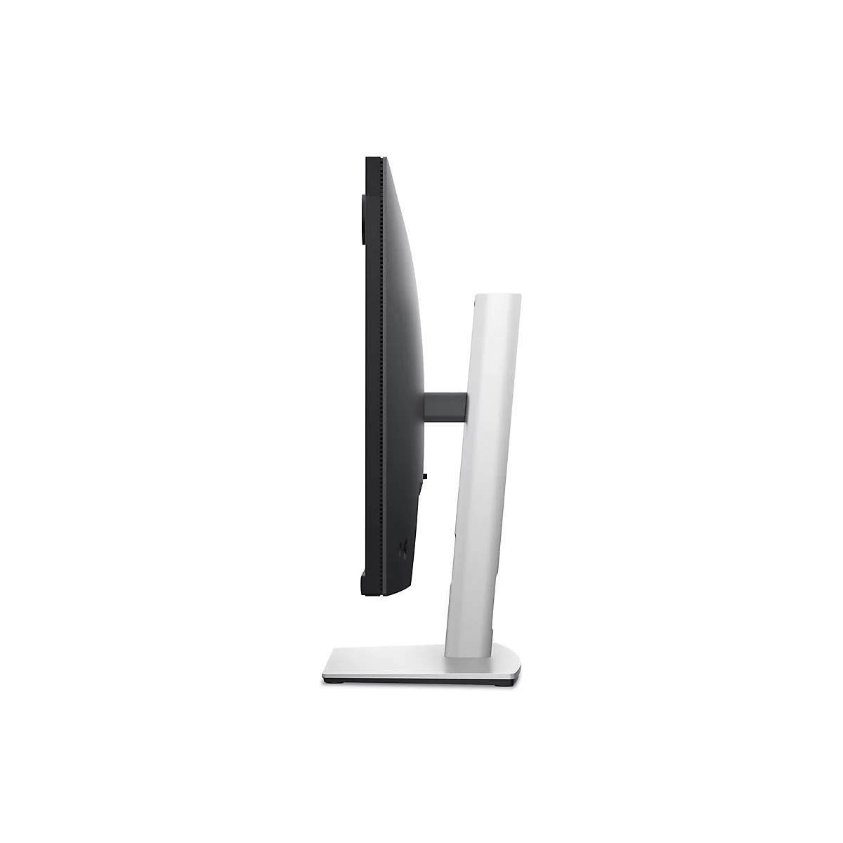 Vue latérale d'un moniteur, noir et gris. Le pied est blanc et rond.
