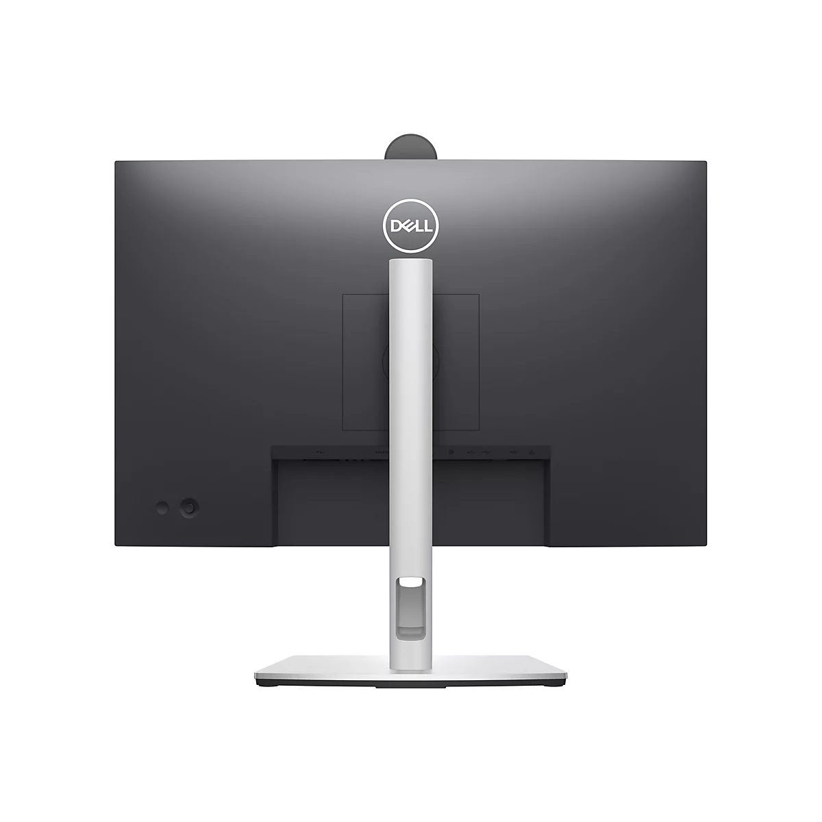 Rückansicht eines grauen Dell Monitors mit weißem Standfuß. Das Dell-Logo ist mittig platziert.