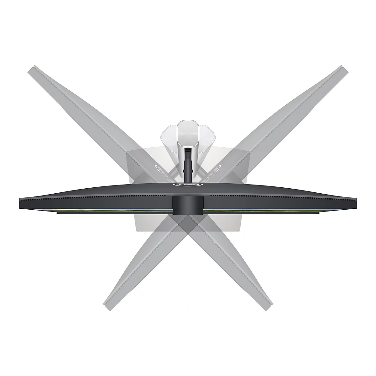 Draufsicht auf einen schwarzen Monitor mit höhenverstellbaren, sich überlappenden Halterungen. Der Dell-Schriftzug ist sichtbar.