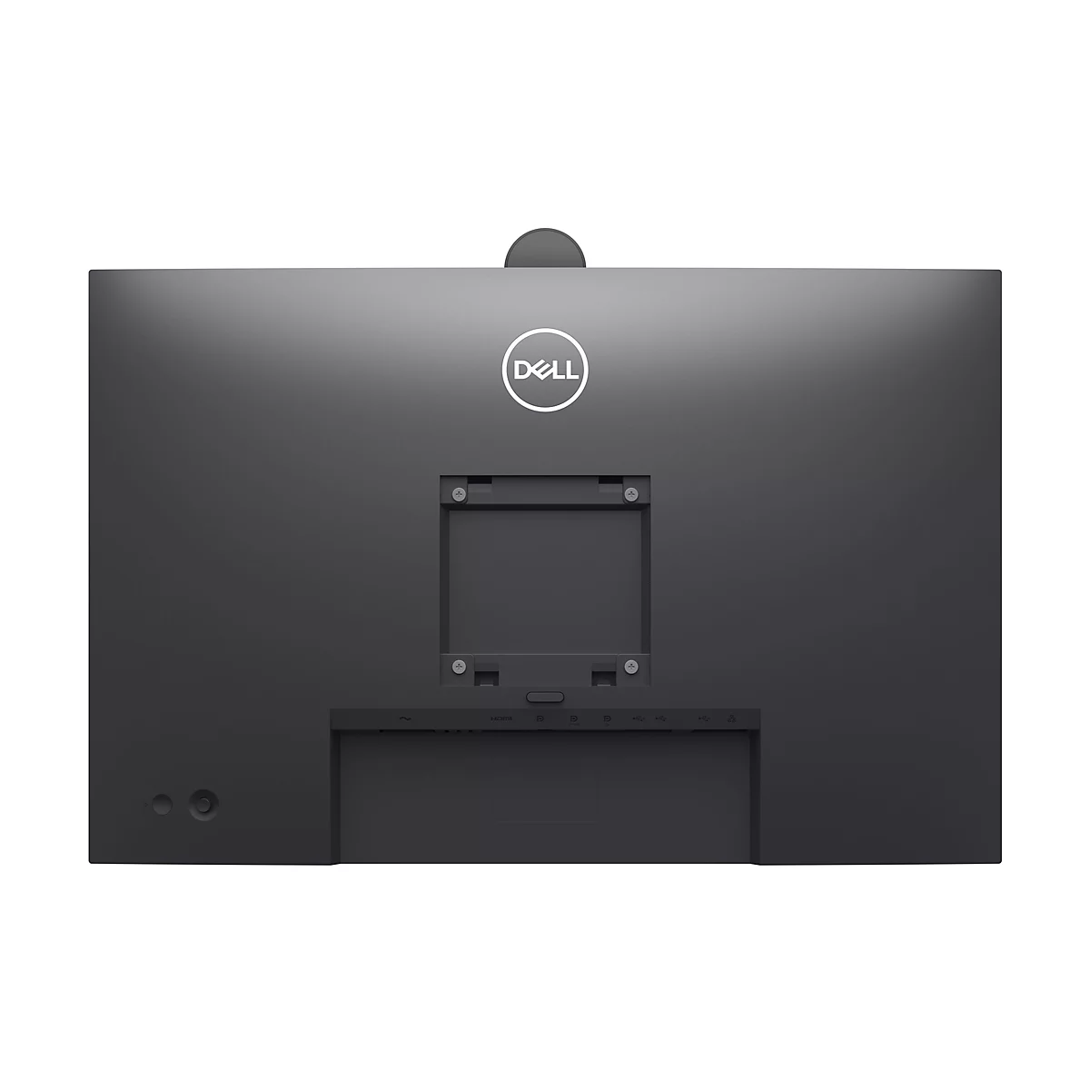 Rückseite eines schwarzen Dell-Monitors mit Dell-Logo. Anschlüsse und Halterung sind zu sehen.