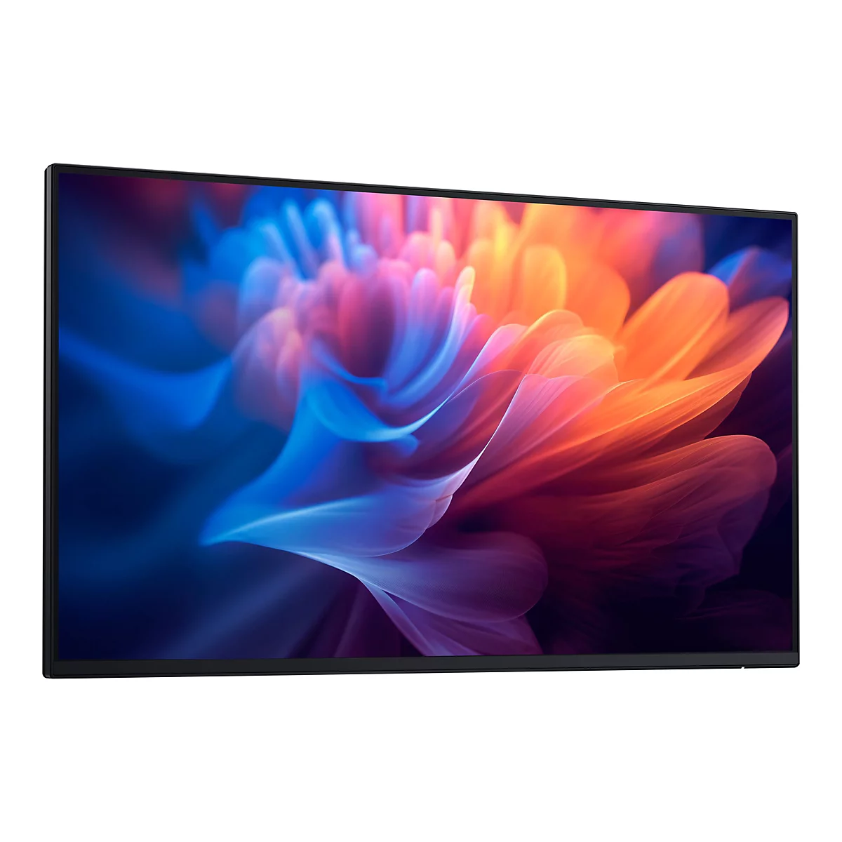 Un écran rectangulaire avec un motif floral abstrait et coloré en bleu, orange et violet.