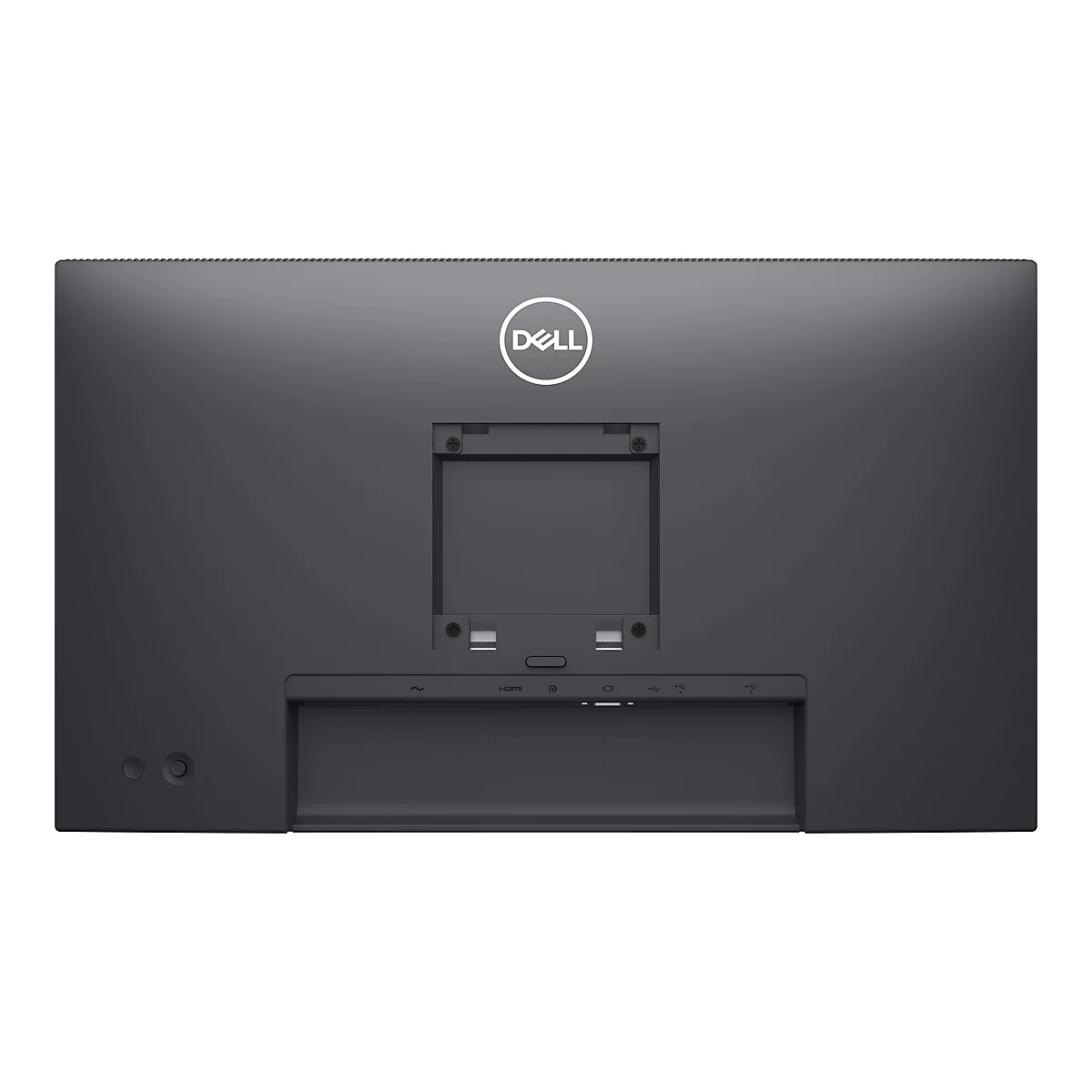 Arrière d'un écran Dell noir. Il y a des ports en bas et le logo Dell en haut.