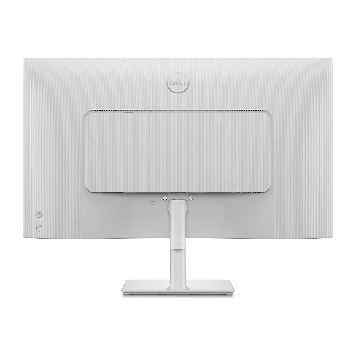 Arrière d'un moniteur Dell blanc. Un support relie le moniteur à la base. Il y a des ports en bas.