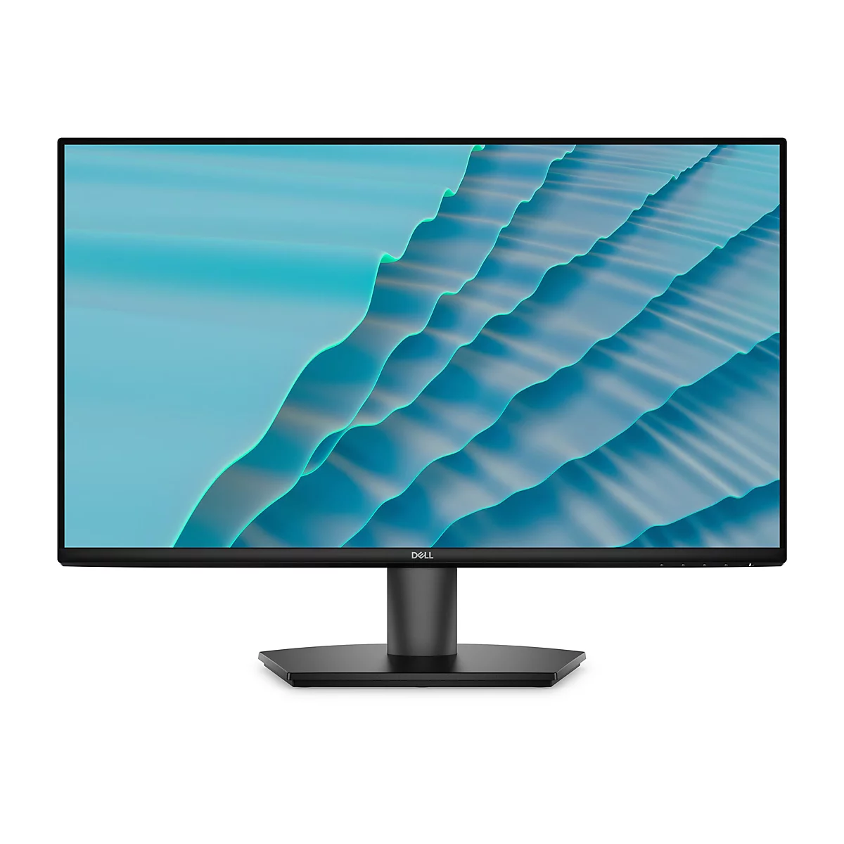 Un moniteur Dell noir sur fond blanc. L'écran affiche un motif abstrait en forme de vagues en bleu et turquoise.