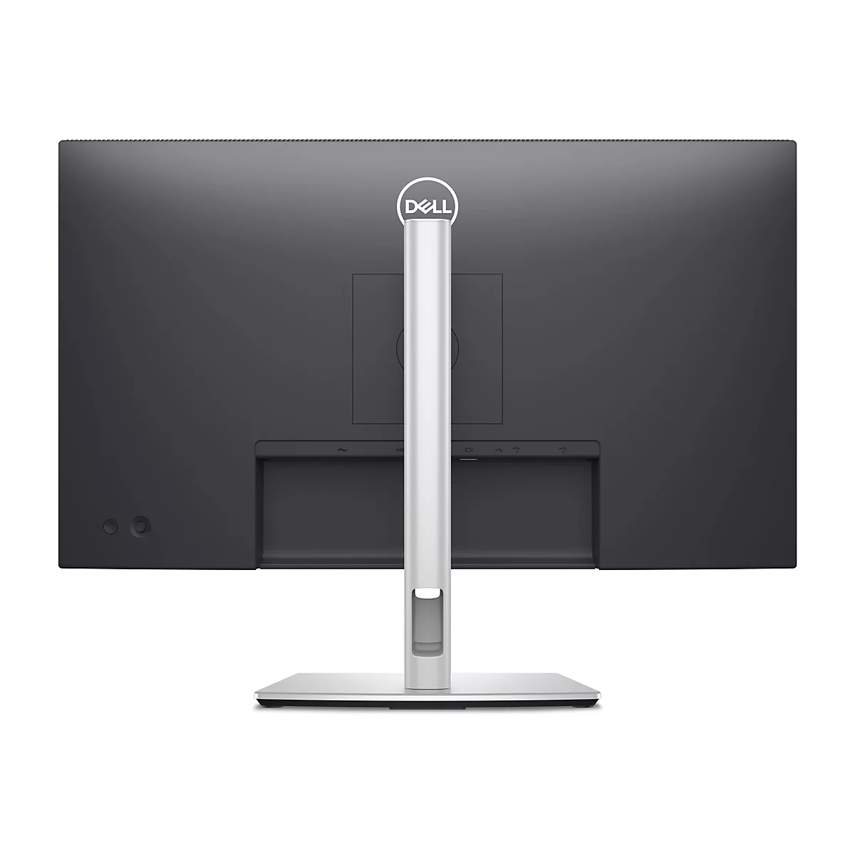 Rückansicht eines schwarzen Dell-Monitors mit silberfarbenem Standfuß und Logo. Anschlüsse unten.
