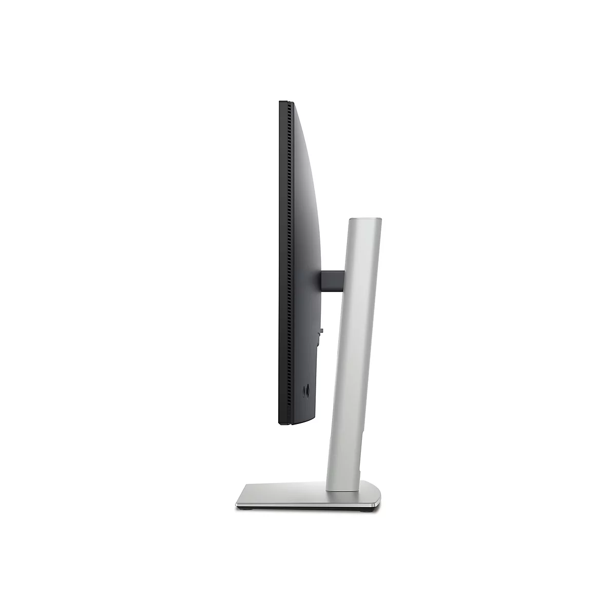 Vue latérale d'un moniteur gris élégant avec un support argenté, sur fond blanc.