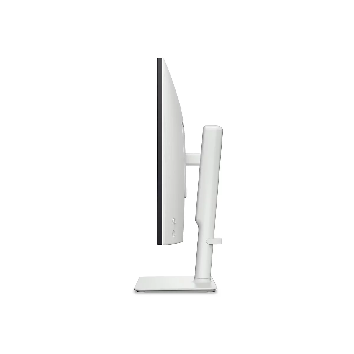 Vue latérale d'un moniteur blanc avec support. Cadre noir, boutons sur le côté, pont, base.