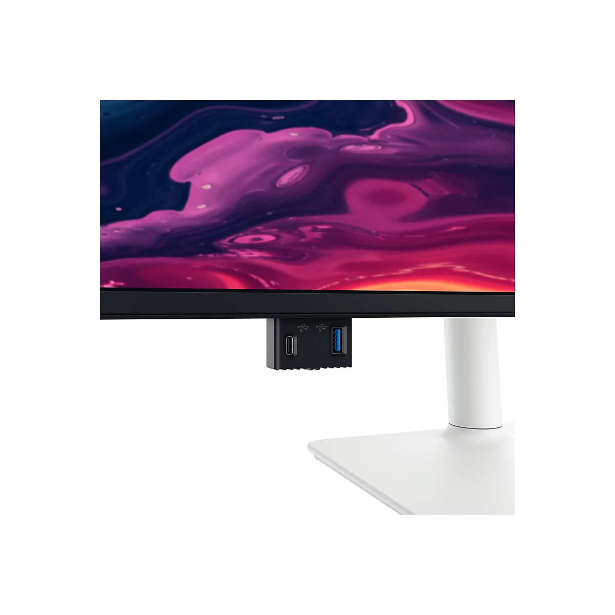 Nahaufnahme eines schwarzen Monitors mit rosa-lila Hintergrund und Anschlüssen.
