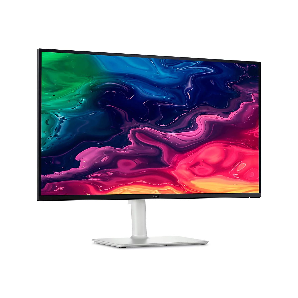 Ein Dell-Monitor vor weißem Hintergrund. Der Bildschirm zeigt ein abstraktes, farbenfrohes Muster. Der Monitor hat einen silbernen Standfuß.