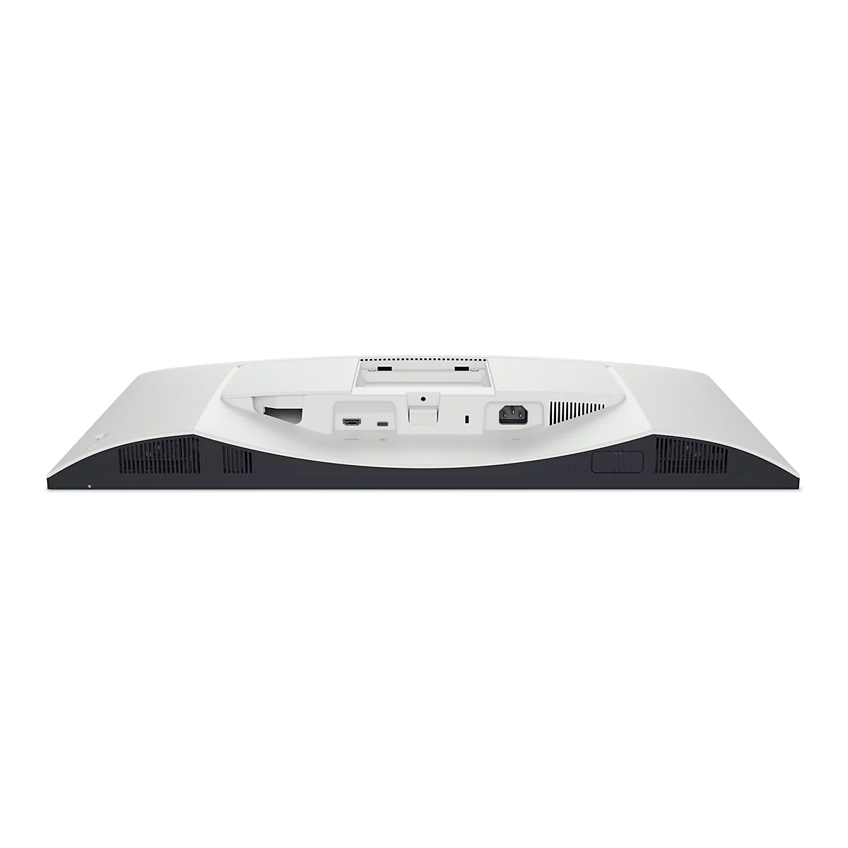 Rückseite eines weißen Monitors auf weißem Hintergrund. Sichtbar sind Anschlüsse wie HDMI und Stromanschluss, sowie Lüftungsschlitze.