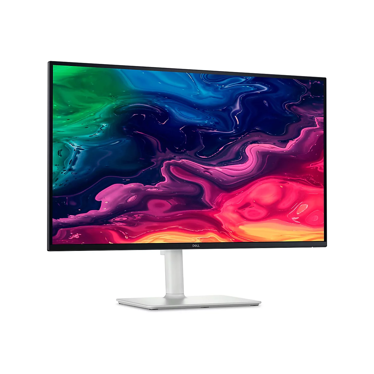 Ein Dell-Monitor vor weißem Hintergrund. Der Bildschirm zeigt ein abstraktes, farbenfrohes Muster. Der Monitor hat einen weißen Standfuß und einen schwarzen Rahmen.
