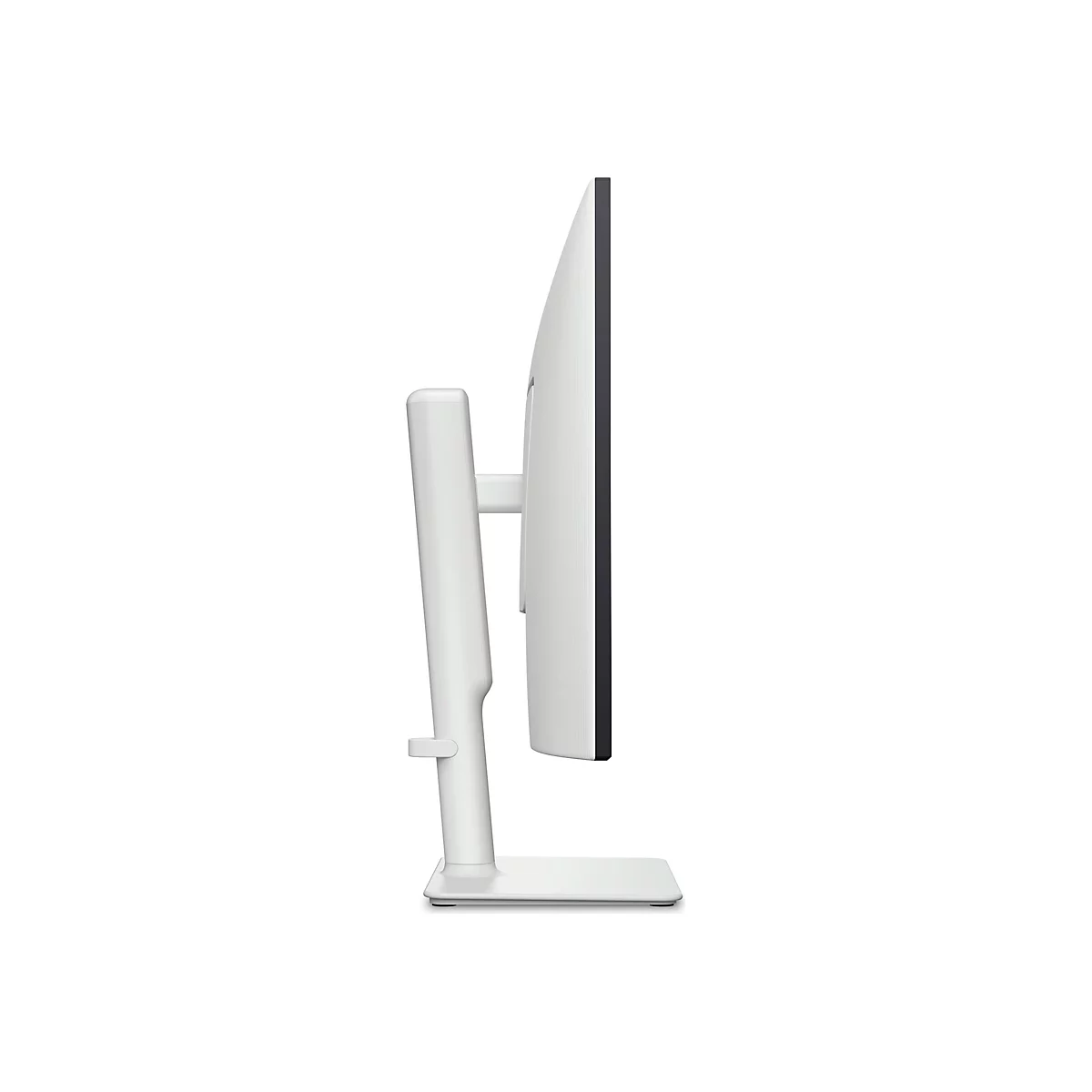 Seitenansicht eines weißen Monitors mit einem schwarzen Rahmen. Der Monitor steht auf einem weißen Standfuß vor weißem Hintergrund.