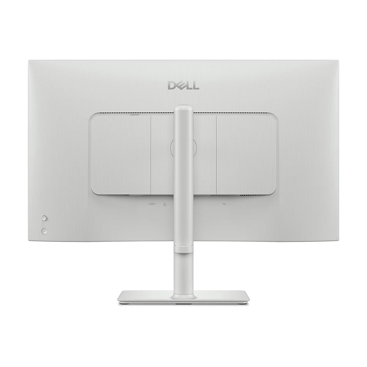Arrière d'un moniteur Dell blanc. Un support relie le moniteur à une base carrée. Le logo Dell est en haut.