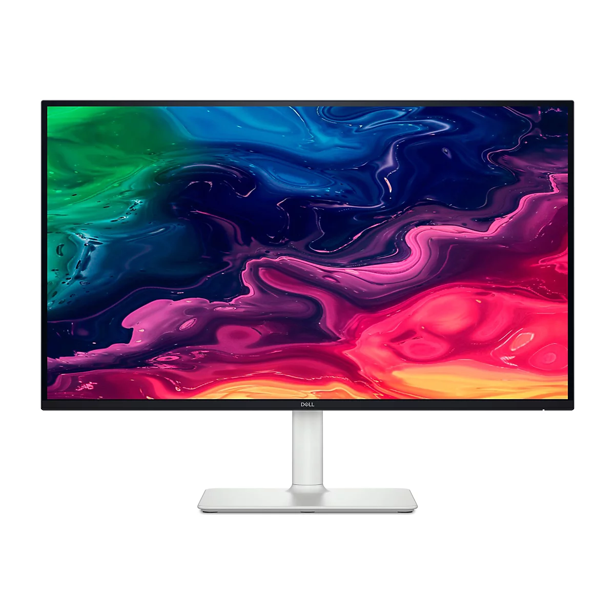 Un moniteur Dell avec un fond coloré et abstrait, posé sur un support blanc.