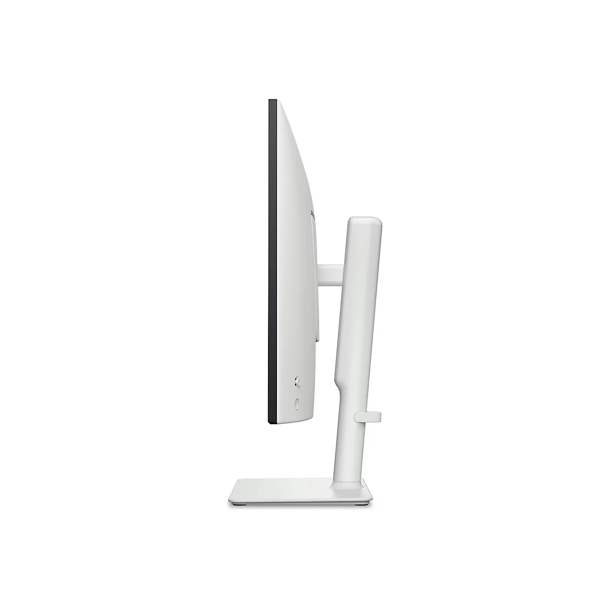 Vue latérale d'un moniteur blanc. L'écran a un cadre noir étroit. Le support est également blanc.