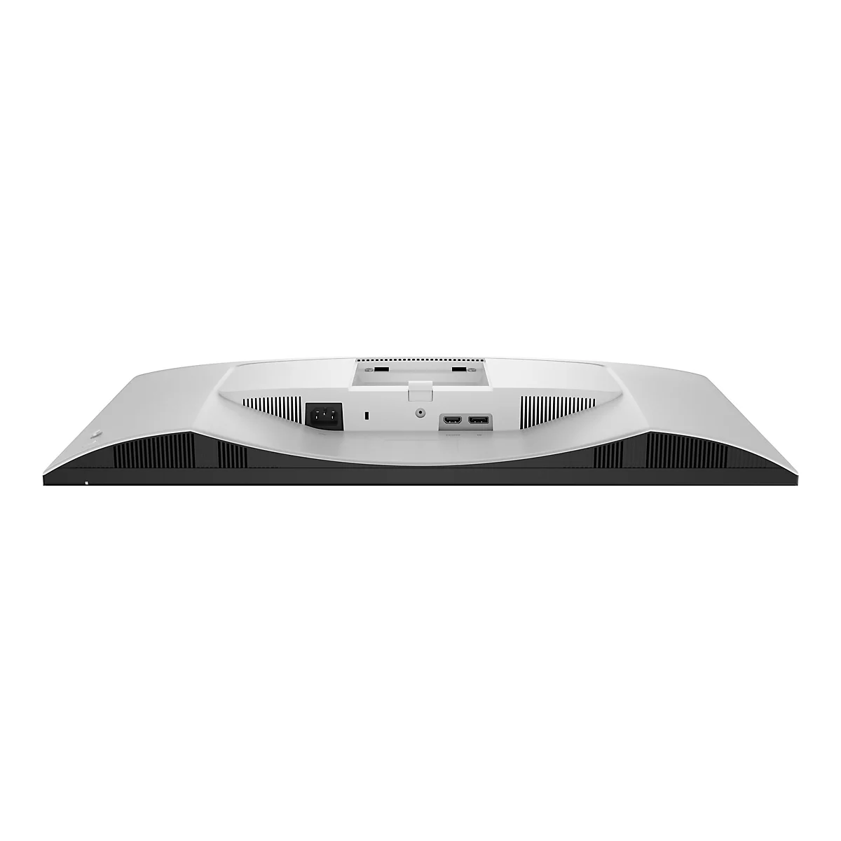 Arrière d'un moniteur blanc sur fond blanc. Connexions : alimentation, HDMI, et autres.