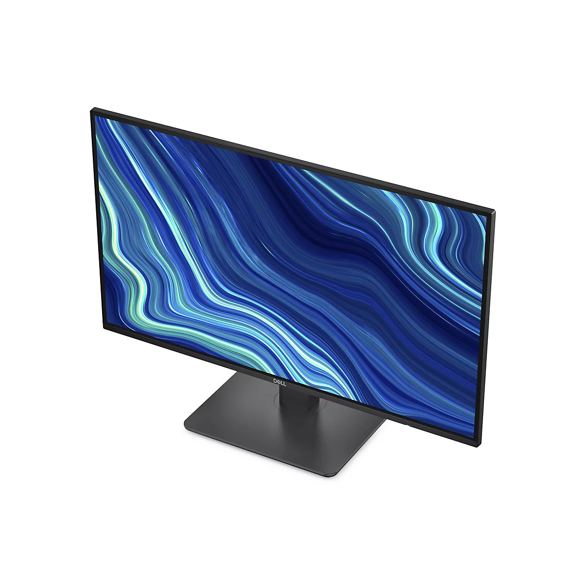 Un moniteur Dell, photographié en biais par le haut, affiche un motif de vagues bleues. Le moniteur repose sur un socle noir.