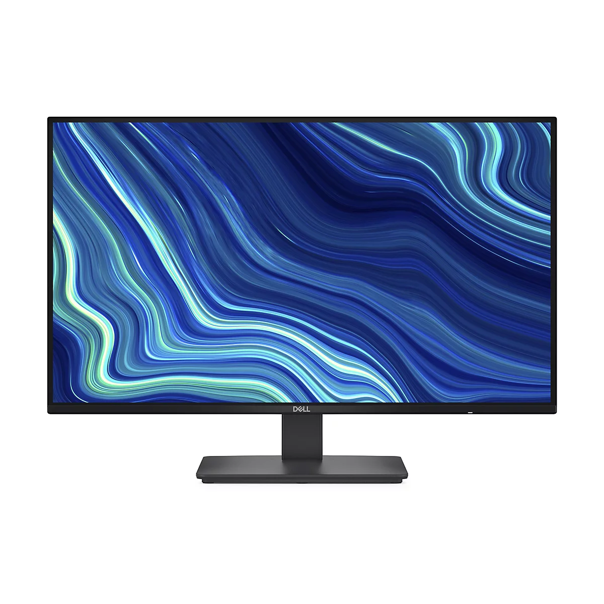 Un écran Dell sur fond blanc. L'écran affiche un motif abstrait bleu-vert.