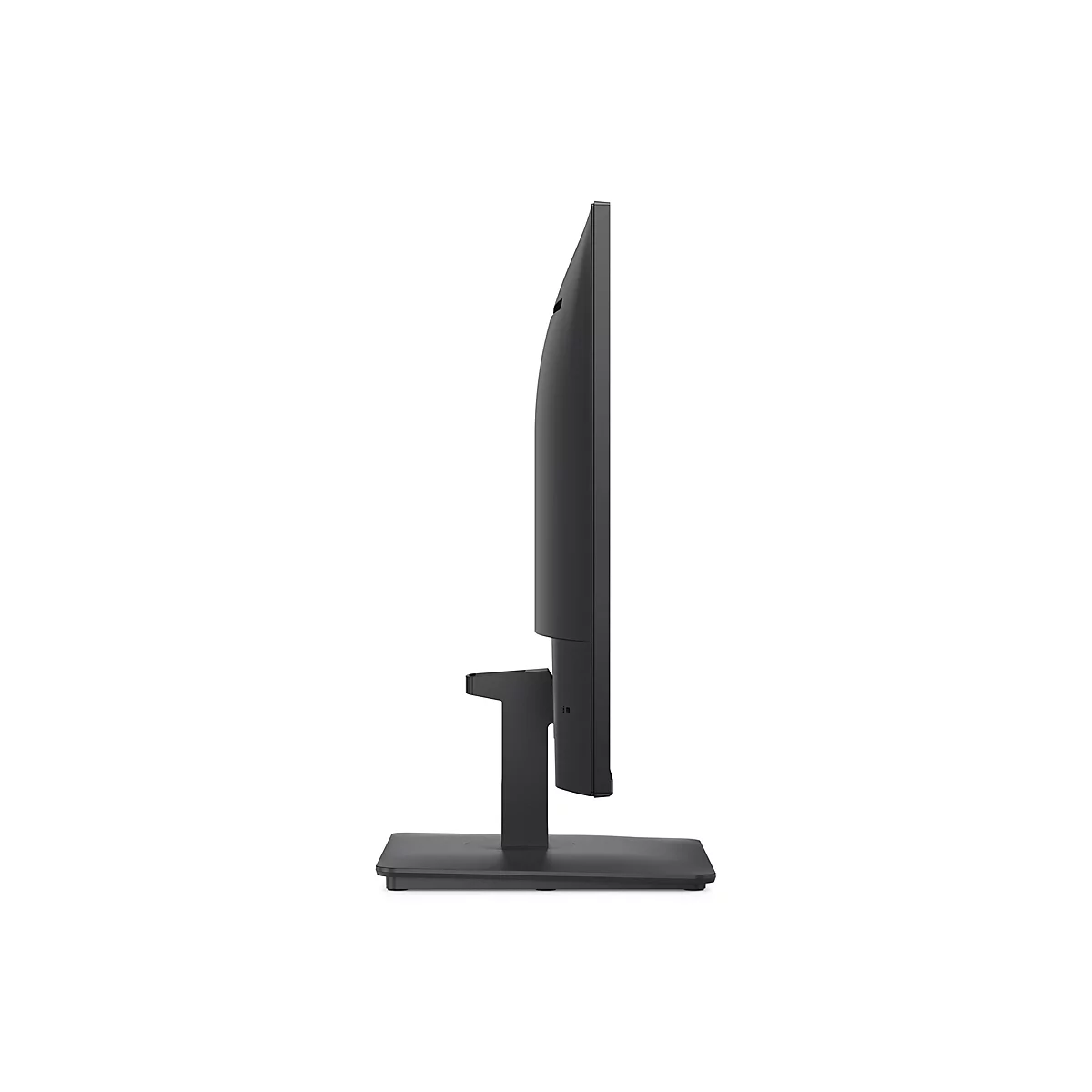 Moniteur noir de profil, avec support. Écran rectangulaire sur une base rectangulaire, avec une pièce de connexion allongée.