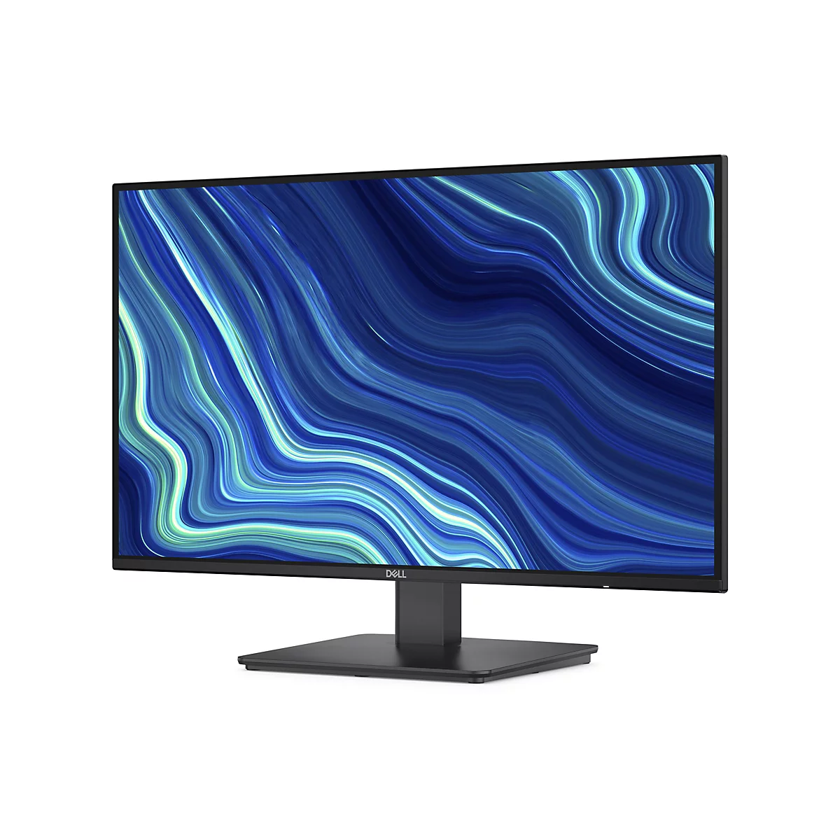 Un moniteur Dell affiche un motif abstrait bleu et blanc. Le moniteur repose sur un support noir, le fond est blanc.