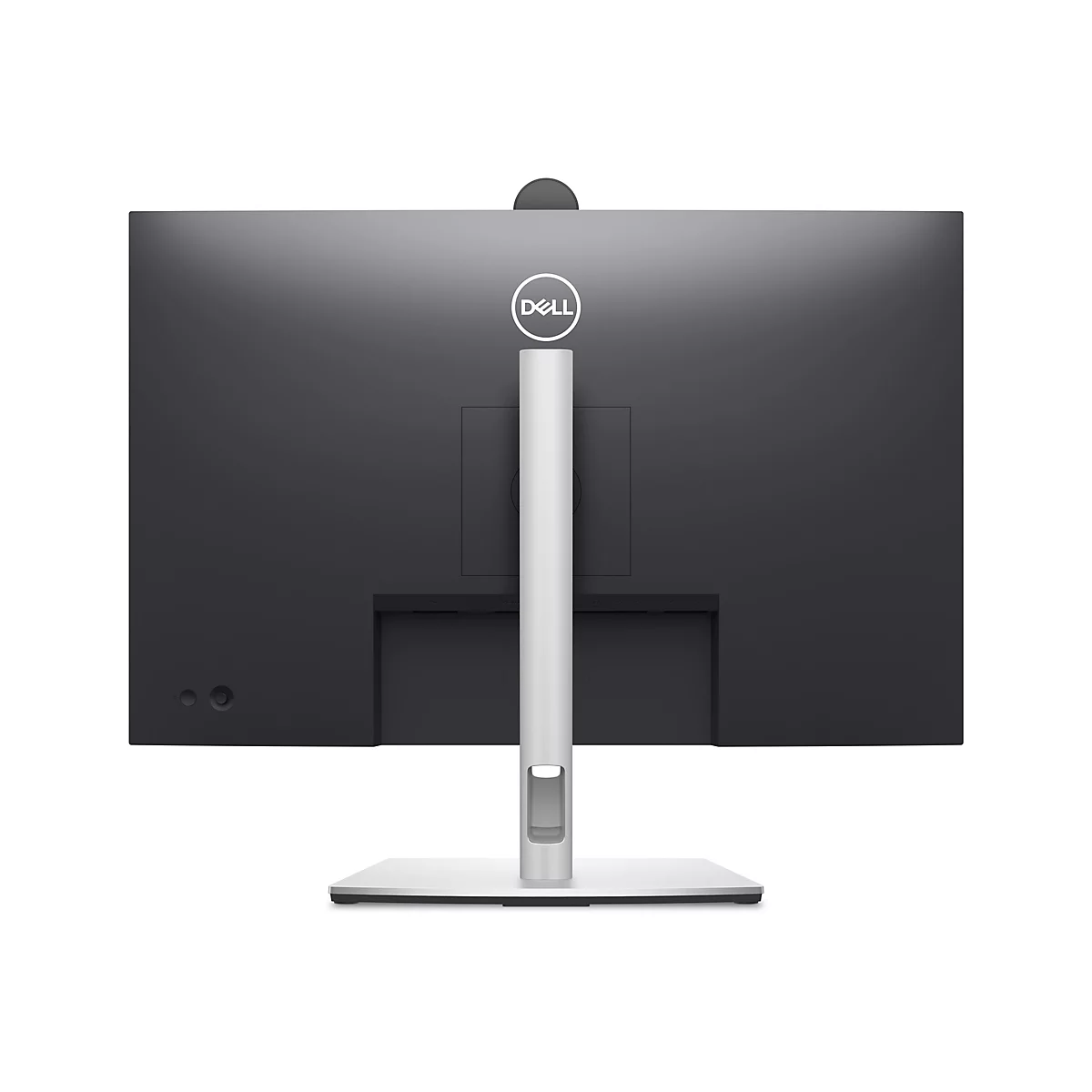 Rückseite eines schwarzen Dell-Monitors, mit Logo und silbernem Ständer.