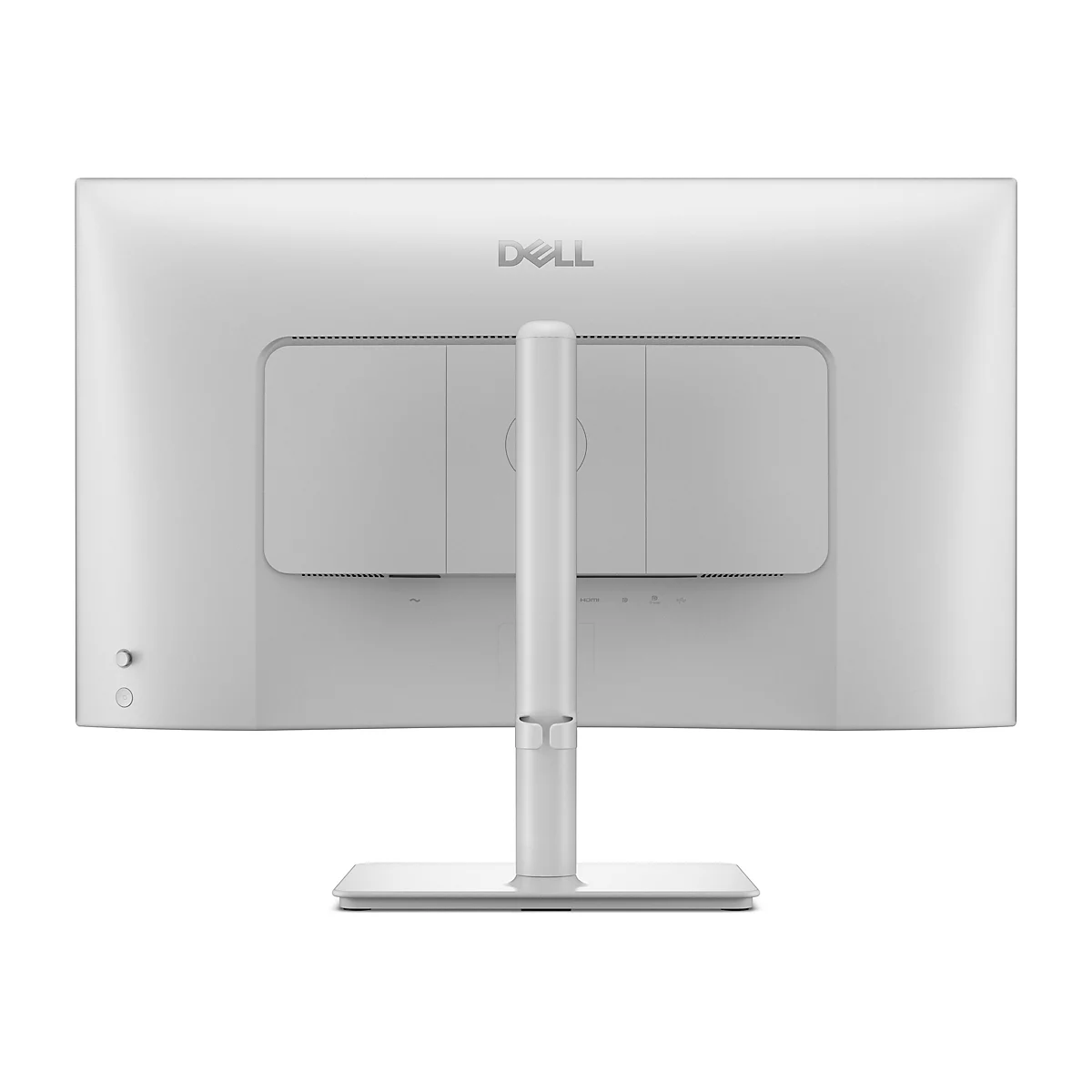 Vue arrière d'un moniteur Dell blanc avec support. Logo Dell en haut. Ports et boutons visibles.