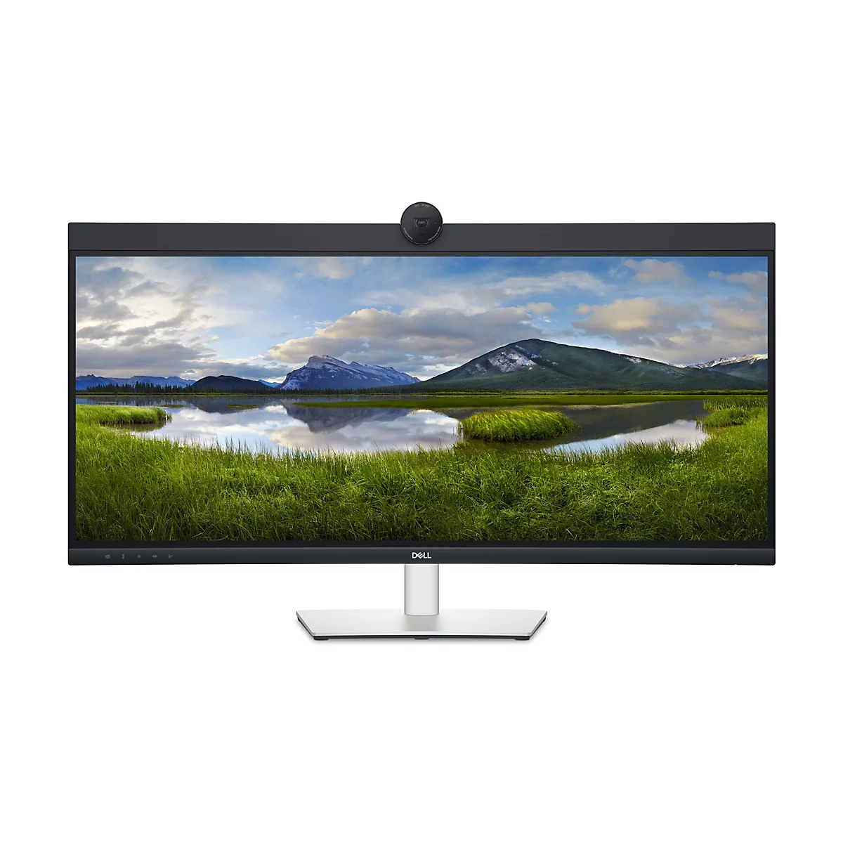 Un moniteur Dell avec webcam affiche un paysage. L'écran affiche des montagnes, de l'eau, des nuages et de l'herbe verte.