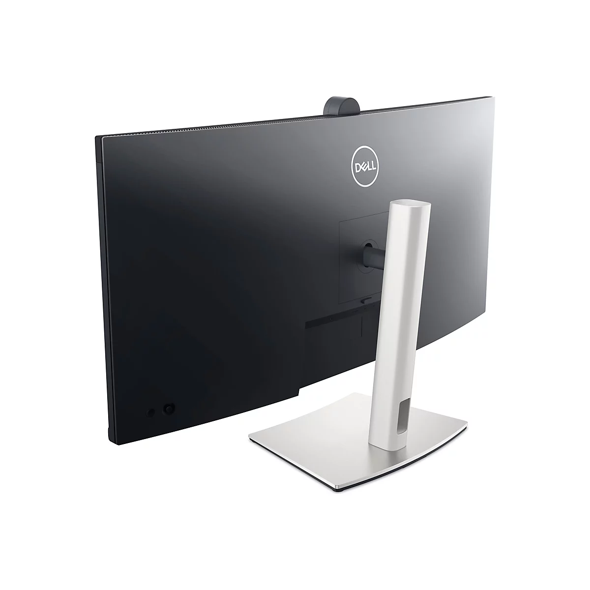Un moniteur noir, vue arrière, avec un support argenté, un logo Dell blanc et une webcam intégrée.