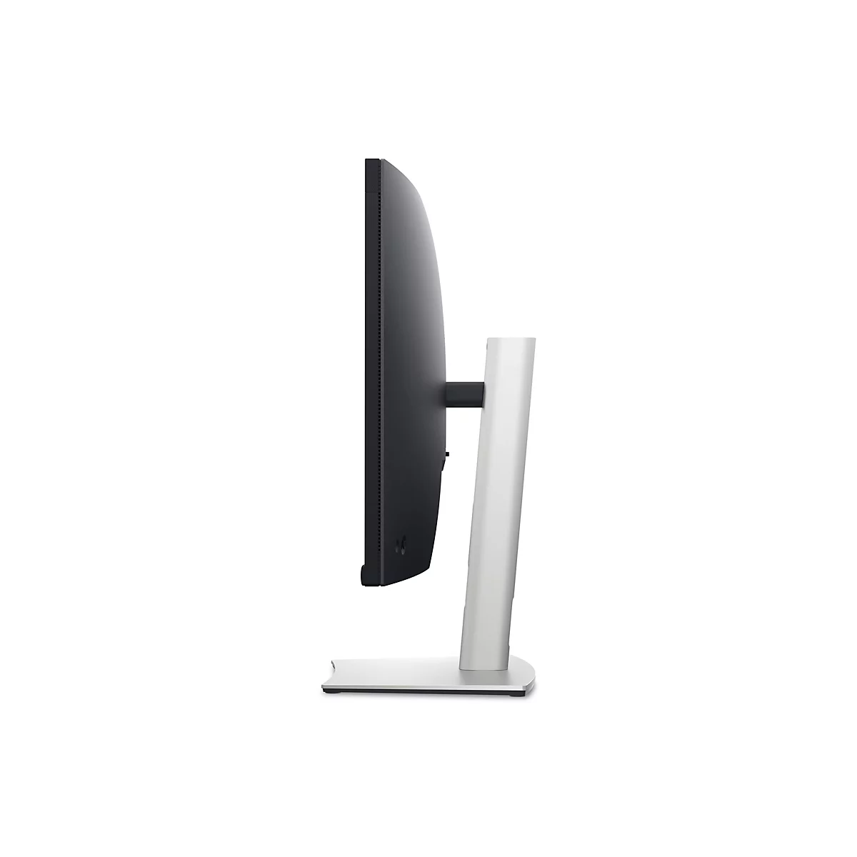 Un moniteur noir vu de côté. Il est monté sur un support blanc arrondi en bas.