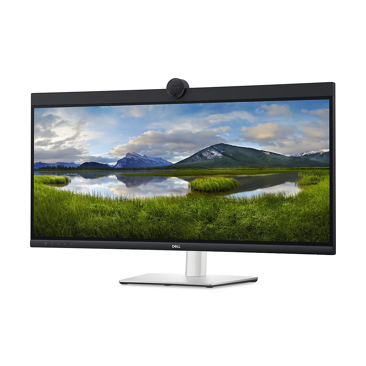 Un moniteur Dell avec webcam montrant un lac de montagne. Cadre noir, pied argent.
