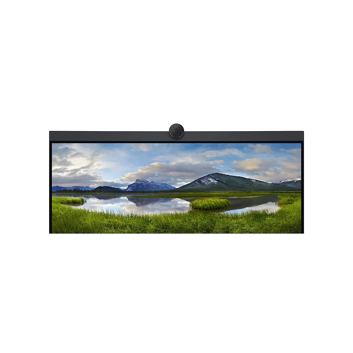 Un large moniteur avec un arrière-plan panoramique de montagne, avec une webcam au-dessus.