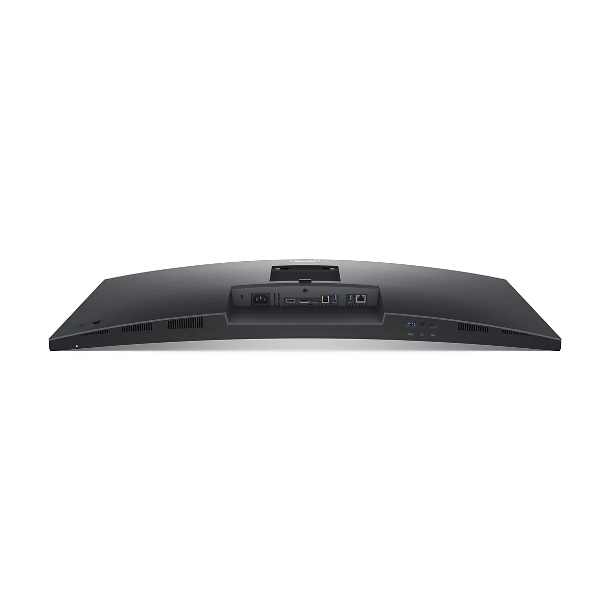 Vue arrière d'un moniteur incurvé noir avec divers ports et un connecteur d'alimentation.