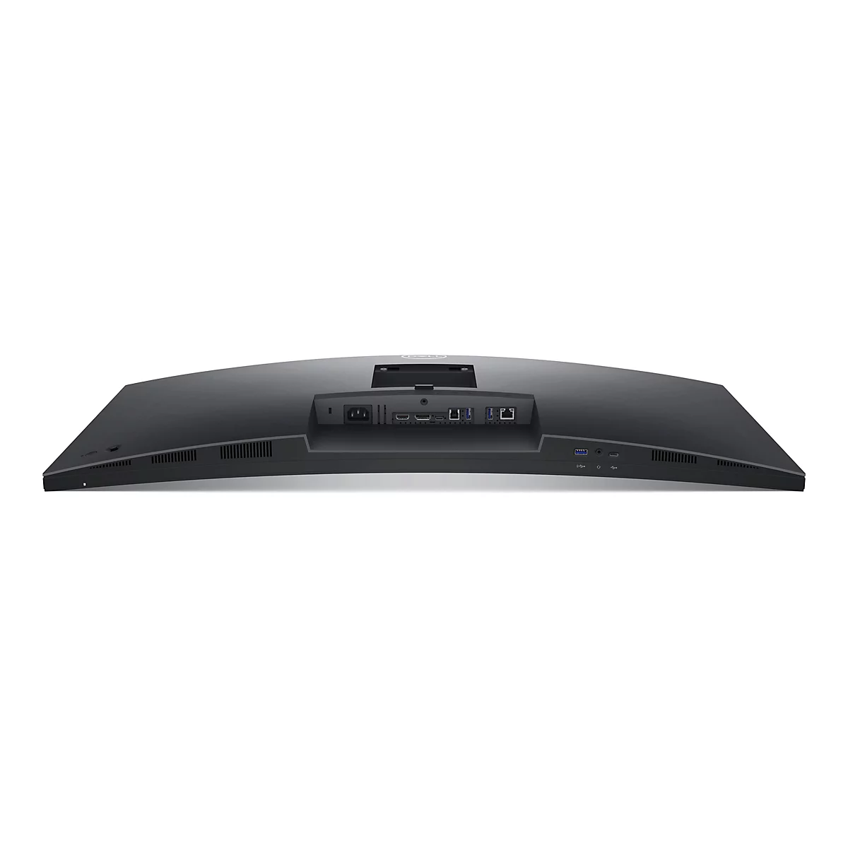 Vue arrière d'un moniteur incurvé noir. Ports visibles, dont HDMI, USB et Ethernet.