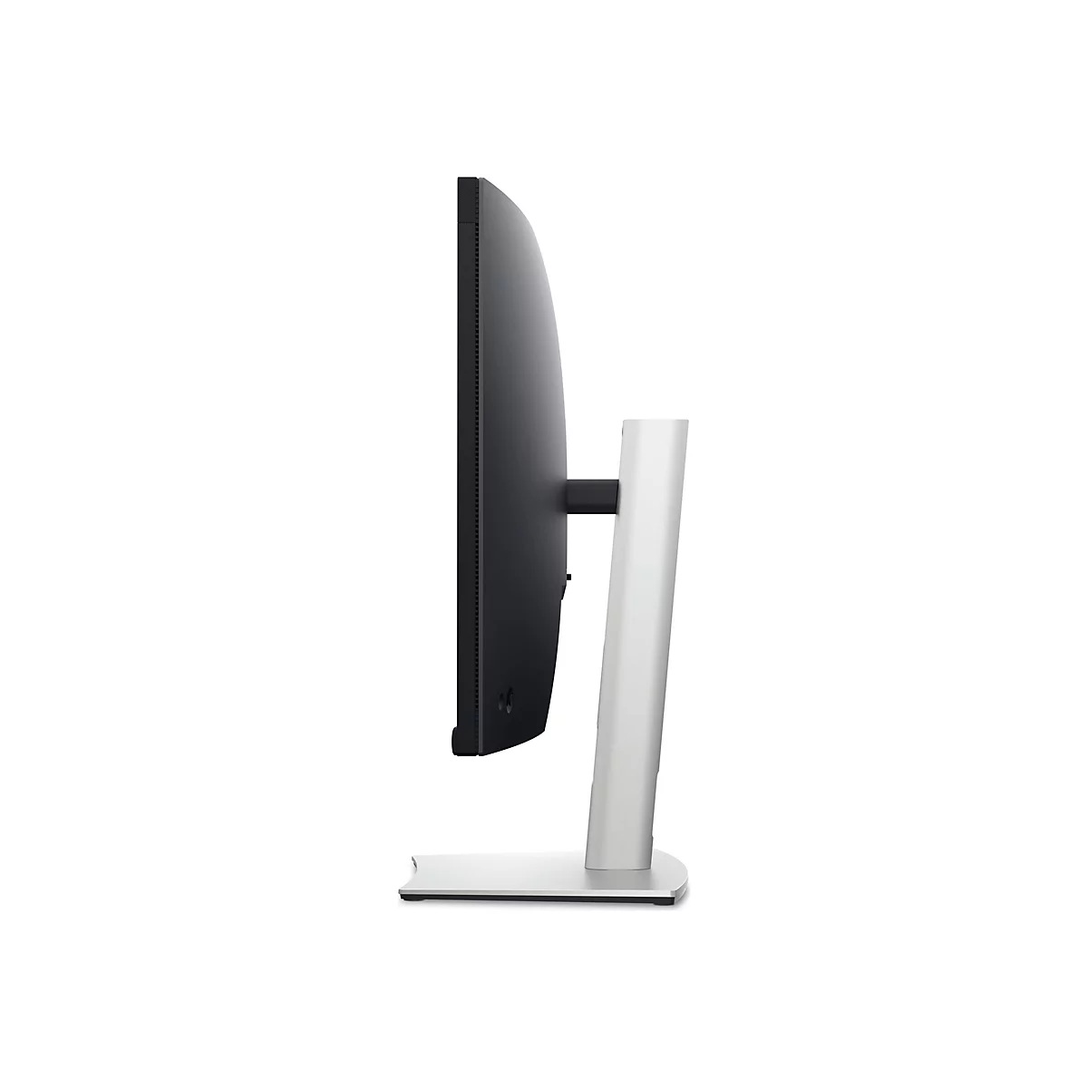 Vue latérale d'un moniteur noir avec un pied argenté, fond blanc.